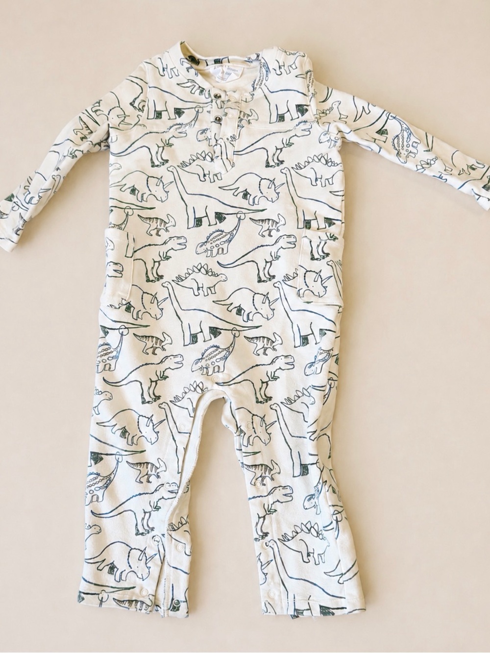 Angel Dear Dinosaur Print One-Piece Romper - Cream with Green Dino Outline